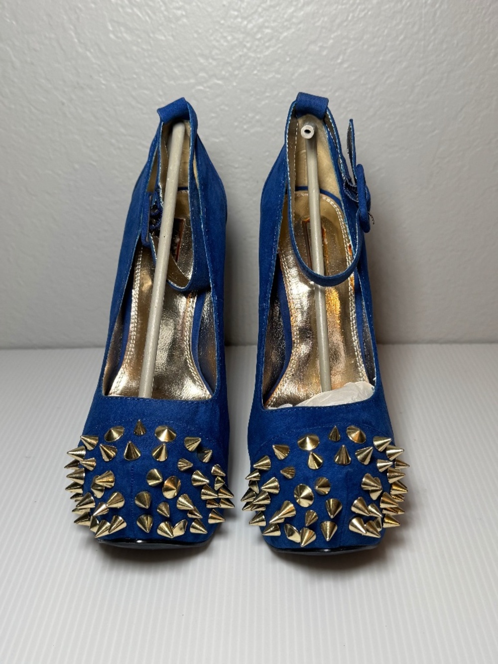 Wild Pair Blue Suede Spike Platform Heels with Ankle Strap - Picture 3 of 8